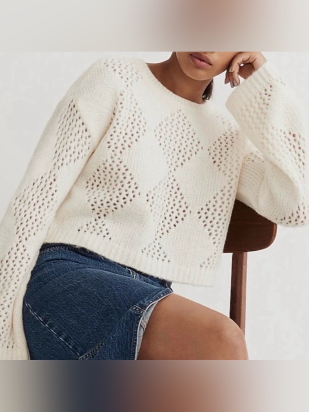 Madewell Cream Openwork Diamond Crewneck Sweater